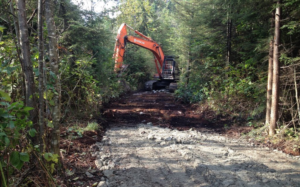 large excavator clearing land for an access road
